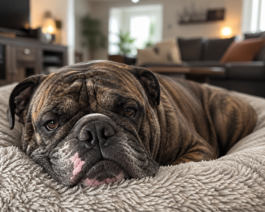 bulldog on fluffy bed