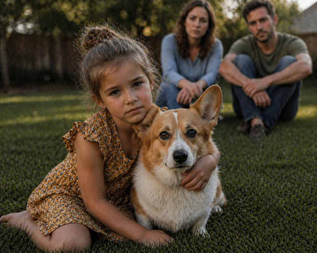 corgi with sad little girl'